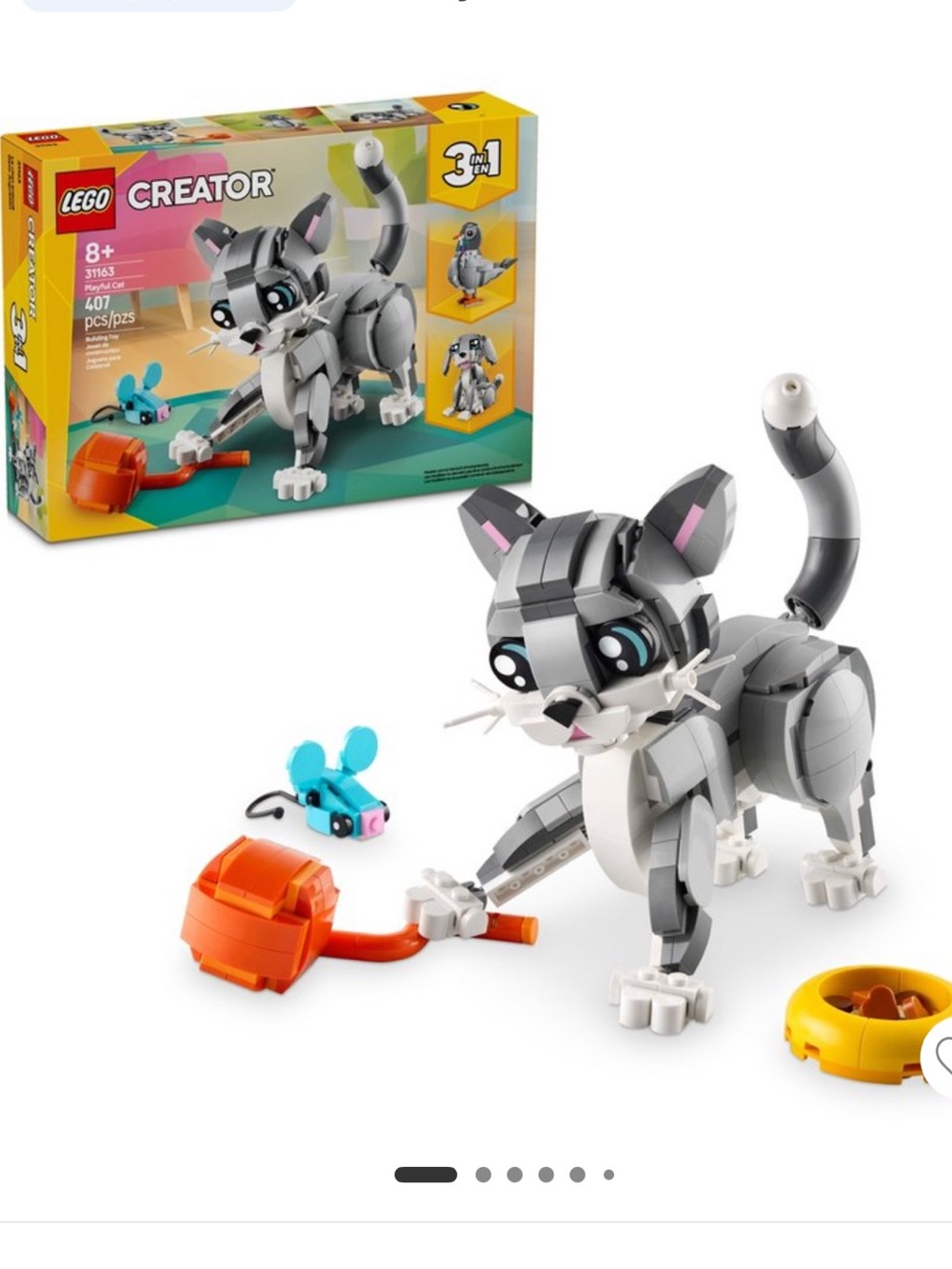 Lego Gray & White Cat Building Toy with Orange Bowl and Blue Mouse Accessories
